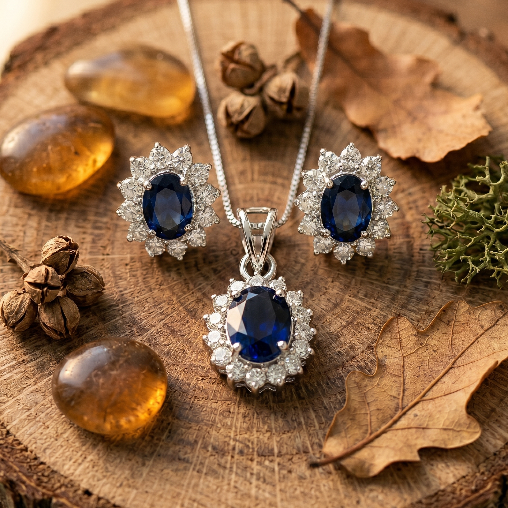 Oval Blue Sapphire Halo Pendant Set in 925 Sterling Silver