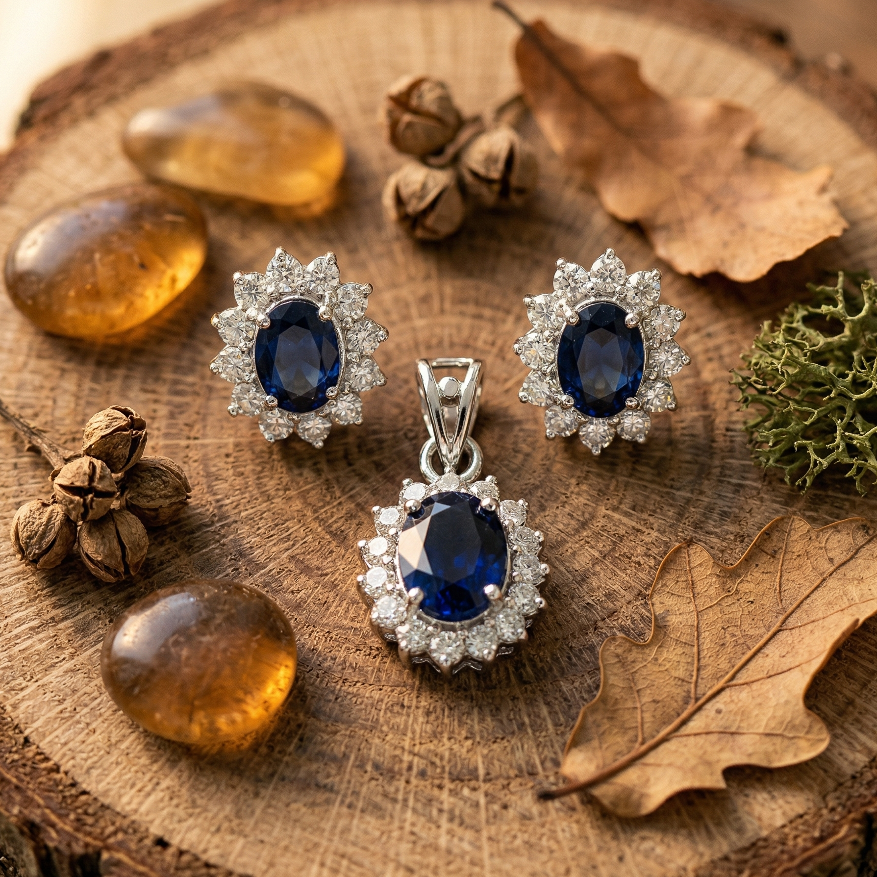 Oval Blue Sapphire Halo Pendant Set in 925 Sterling Silver