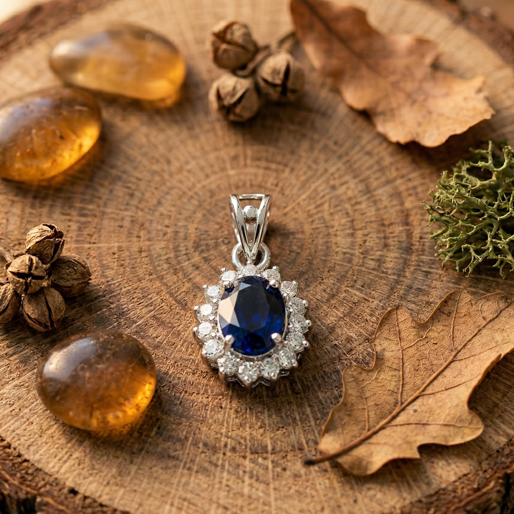 Oval Blue Sapphire Halo Pendant Set in 925 Sterling Silver