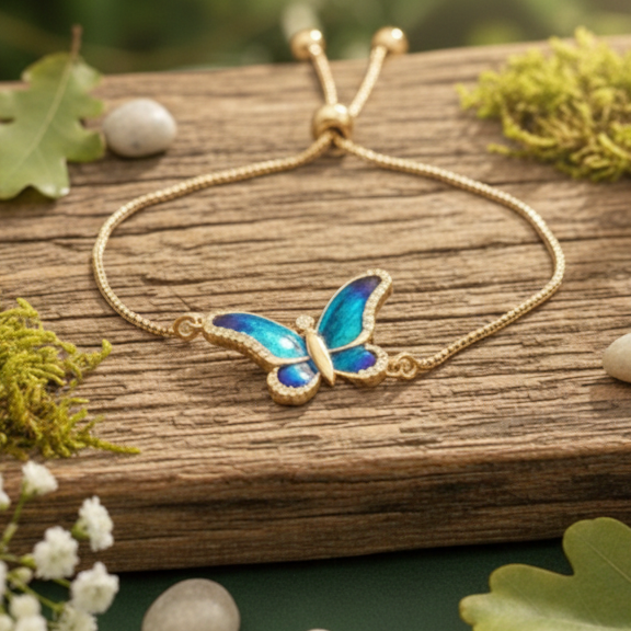 Celestial Blue Enamel Butterfly Adjustable Bracelet in 925 Sterling Silver