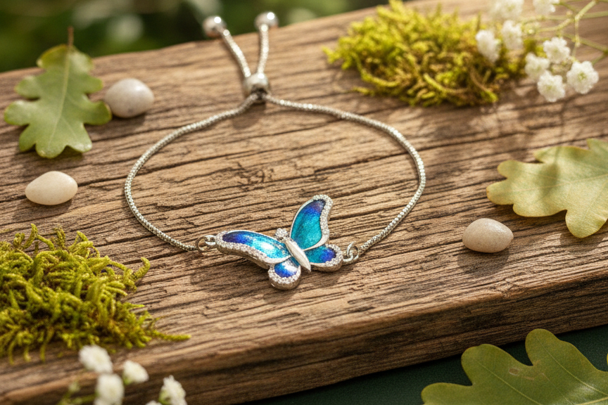 Celestial Blue Enamel Butterfly Adjustable Bracelet in 925 Sterling Silver
