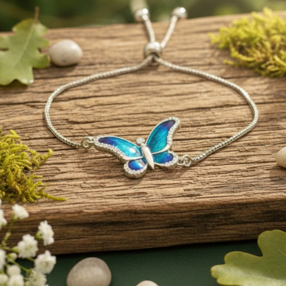 Celestial Blue Enamel Butterfly Adjustable Bracelet in 925 Sterling Silver