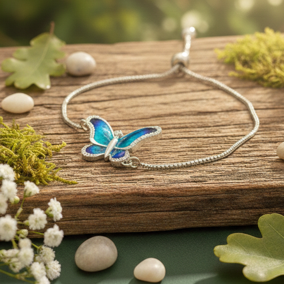 Celestial Blue Enamel Butterfly Adjustable Bracelet in 925 Sterling Silver