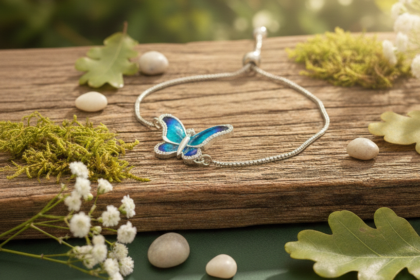 Celestial Blue Enamel Butterfly Adjustable Bracelet in 925 Sterling Silver