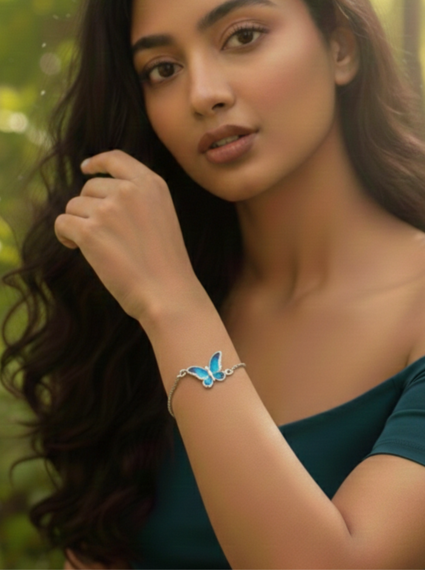 Celestial Blue Enamel Butterfly Adjustable Bracelet in 925 Sterling Silver