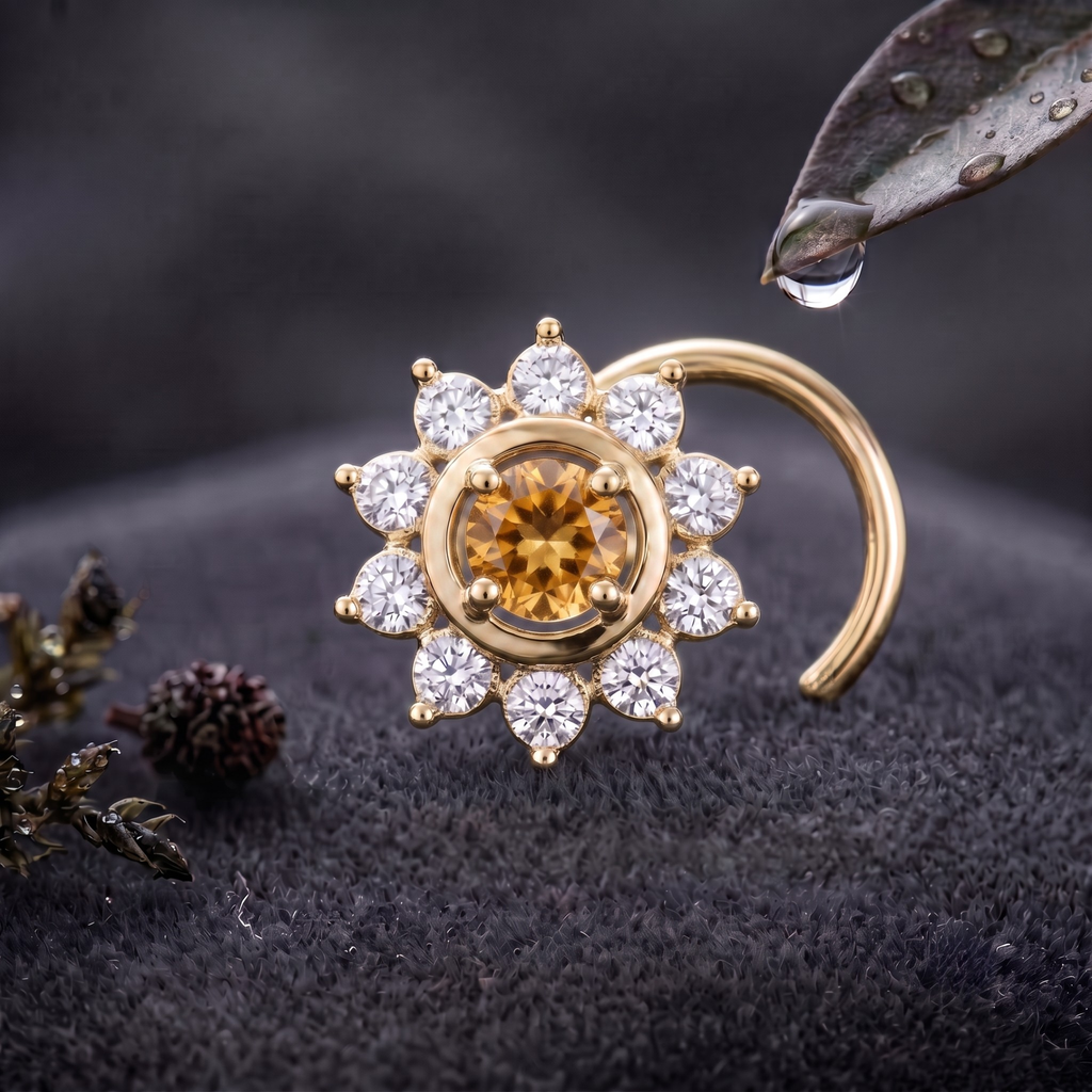 Citrine Sunburst Halo Nose Pin in 925 Sterling Silver