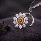 Citrine Sunburst Halo Nose Pin in 925 Sterling Silver