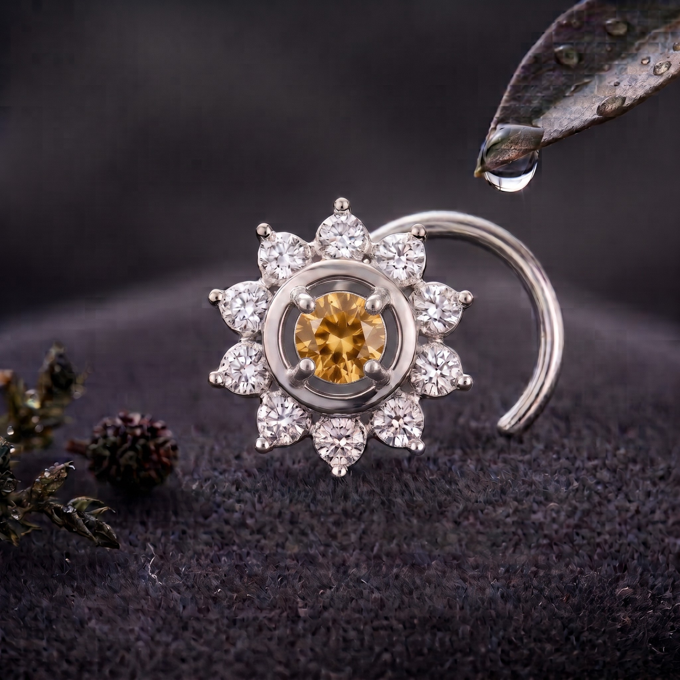 Citrine Sunburst Halo Nose Pin in 925 Sterling Silver