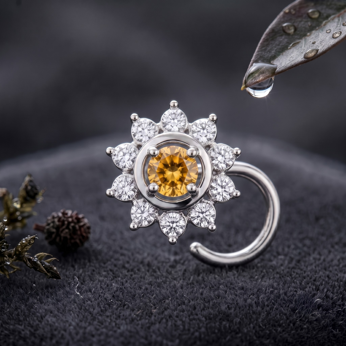 Citrine Sunburst Halo Nose Pin in 925 Sterling Silver