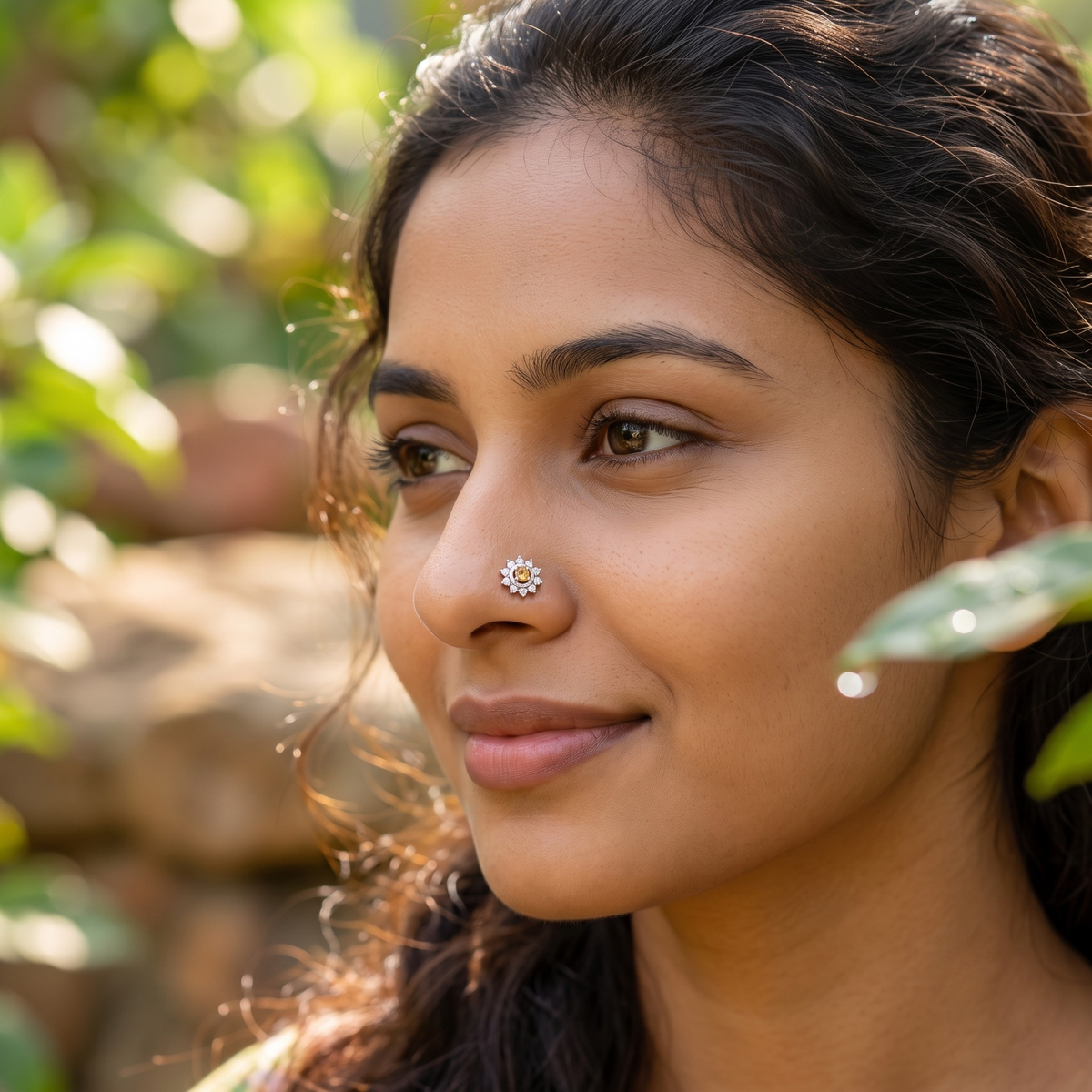 Citrine Sunburst Halo Nose Pin in 925 Sterling Silver