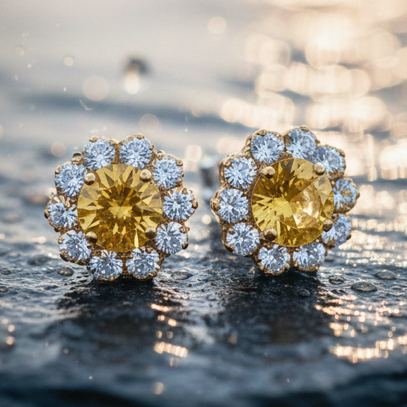 Citrine Bloom Floral Halo Stud Earrings – 925 Sterling Silver