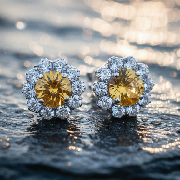Citrine Bloom Floral Halo Stud Earrings – 925 Sterling Silver