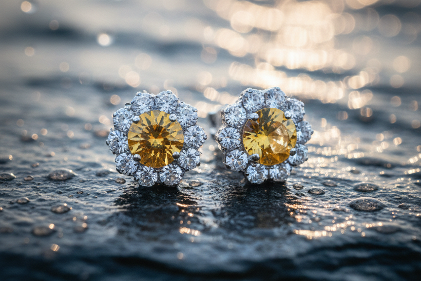Citrine Bloom Floral Halo Stud Earrings – 925 Sterling Silver