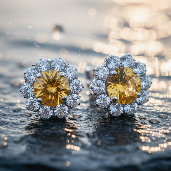 Citrine Bloom Floral Halo Stud Earrings – 925 Sterling Silver
