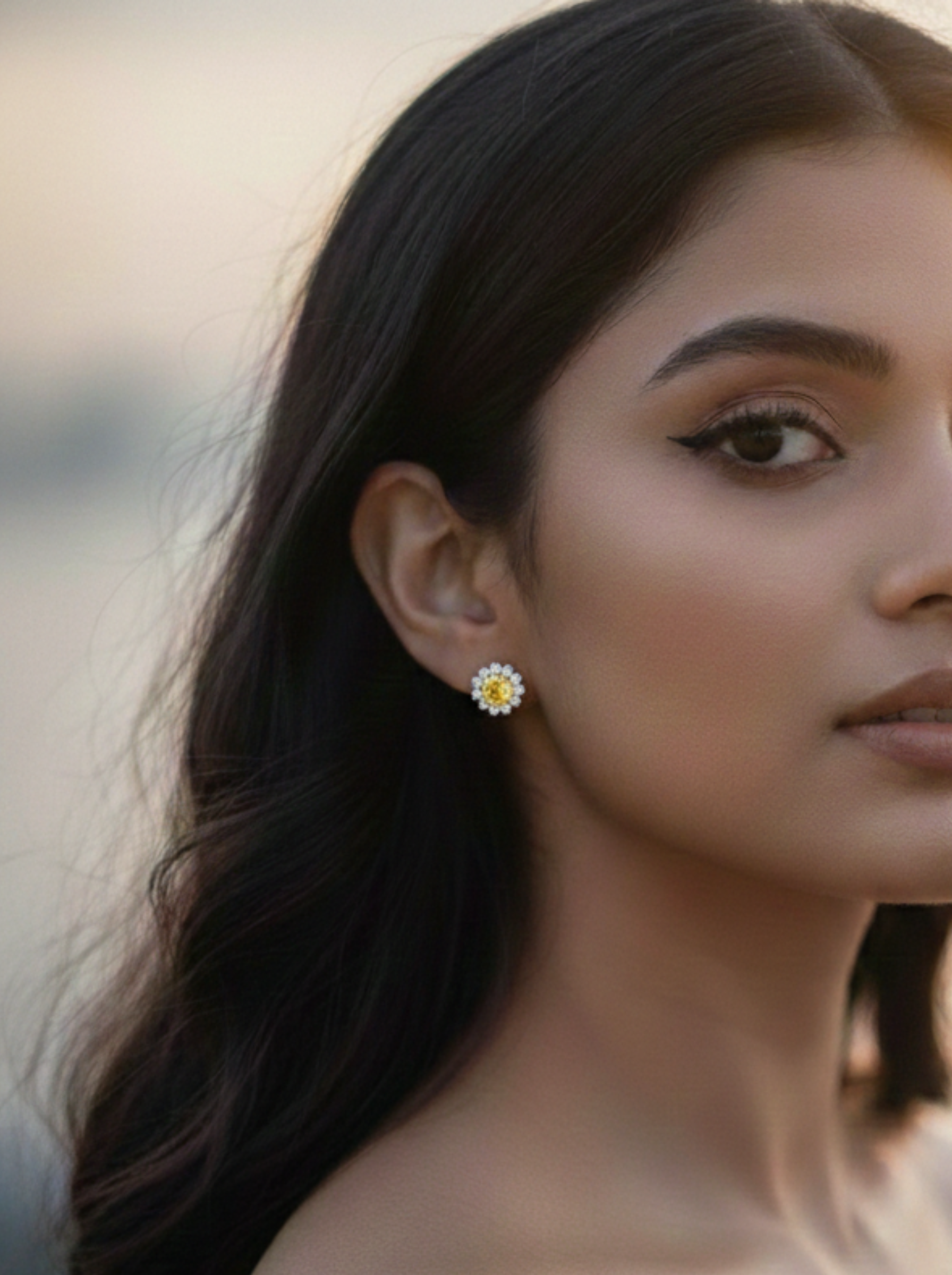 Citrine Bloom Floral Halo Stud Earrings – 925 Sterling Silver