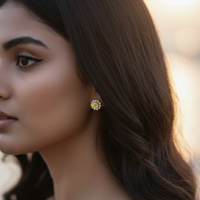 Citrine Bloom Floral Halo Stud Earrings – 925 Sterling Silver
