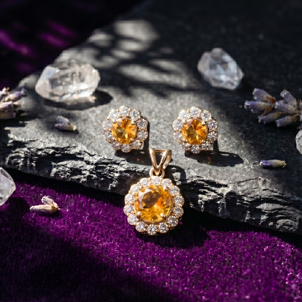 Citrine Halo Pendant Set in 925 Sterling Silver