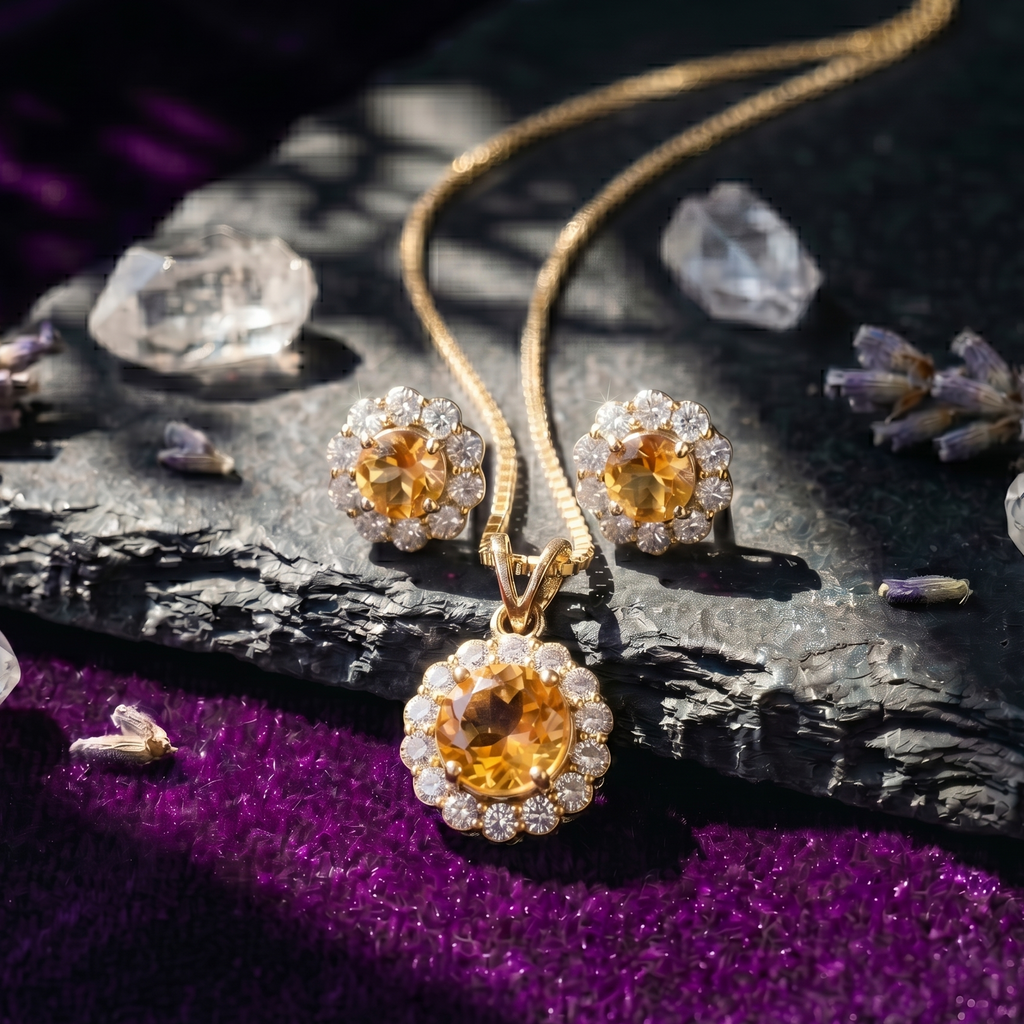 Citrine Halo Pendant Set in 925 Sterling Silver