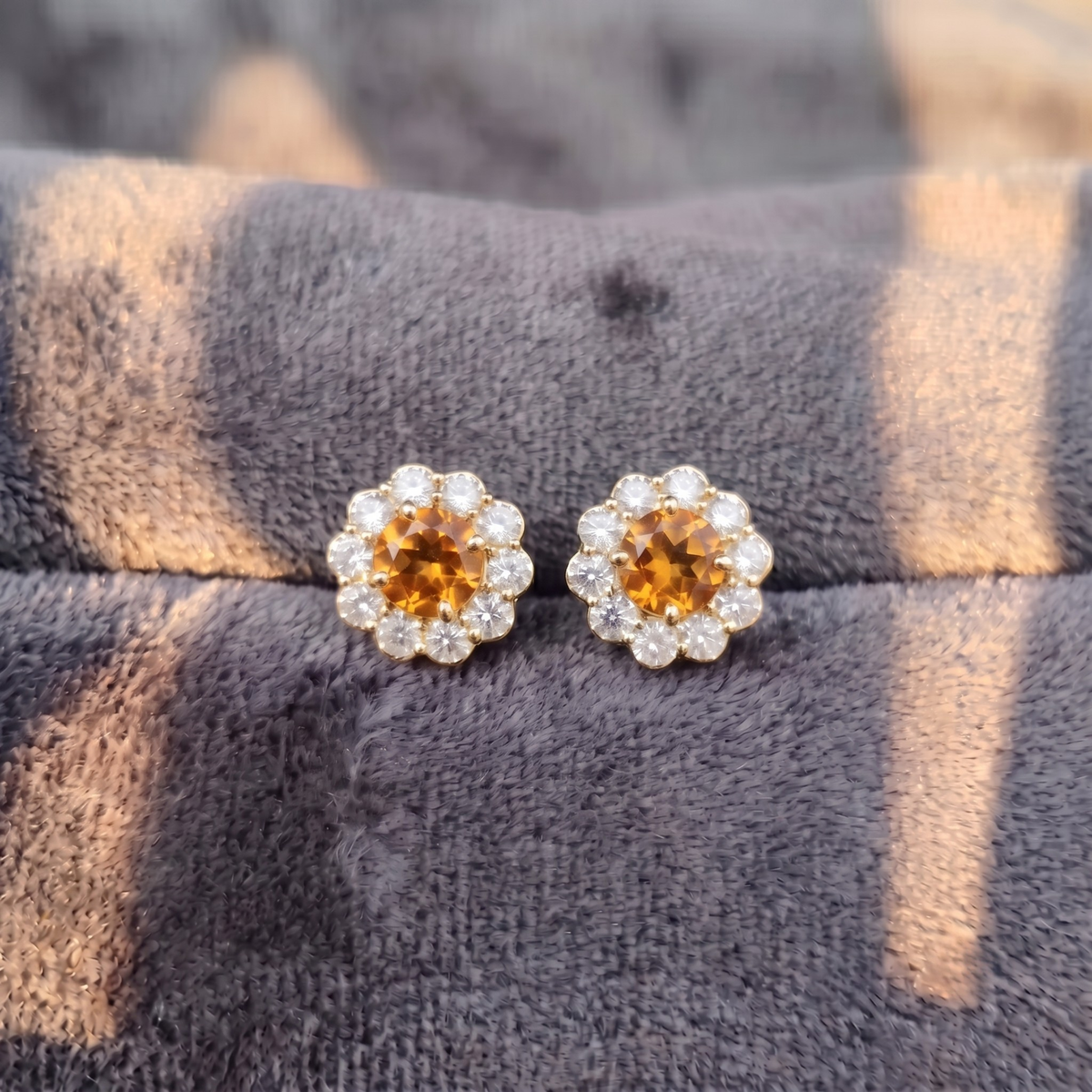 Citrine Bloom Floral Halo Stud Earrings – 925 Sterling Silver