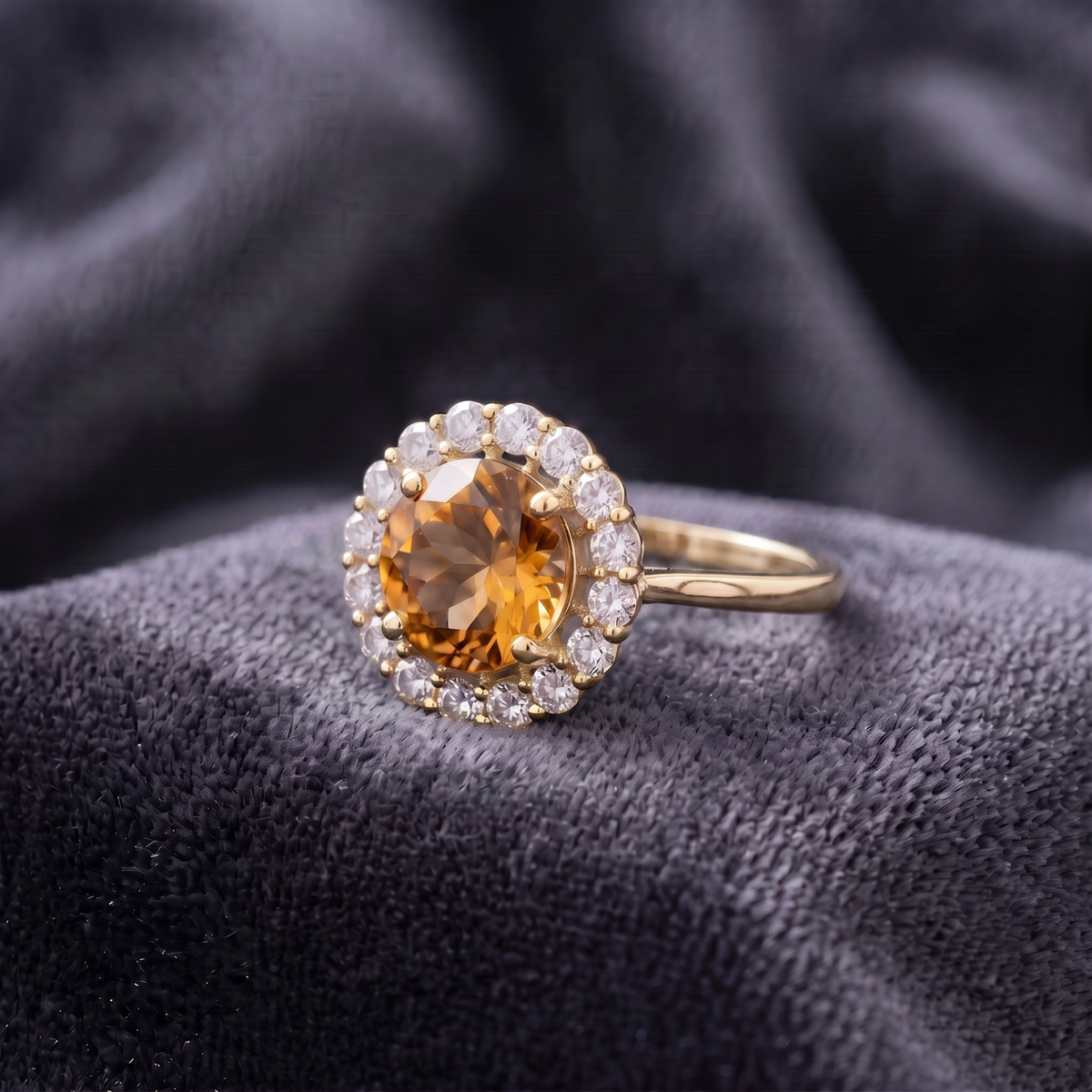 Round Cut Citrine Halo Statement Ring in 925 Sterling Silver