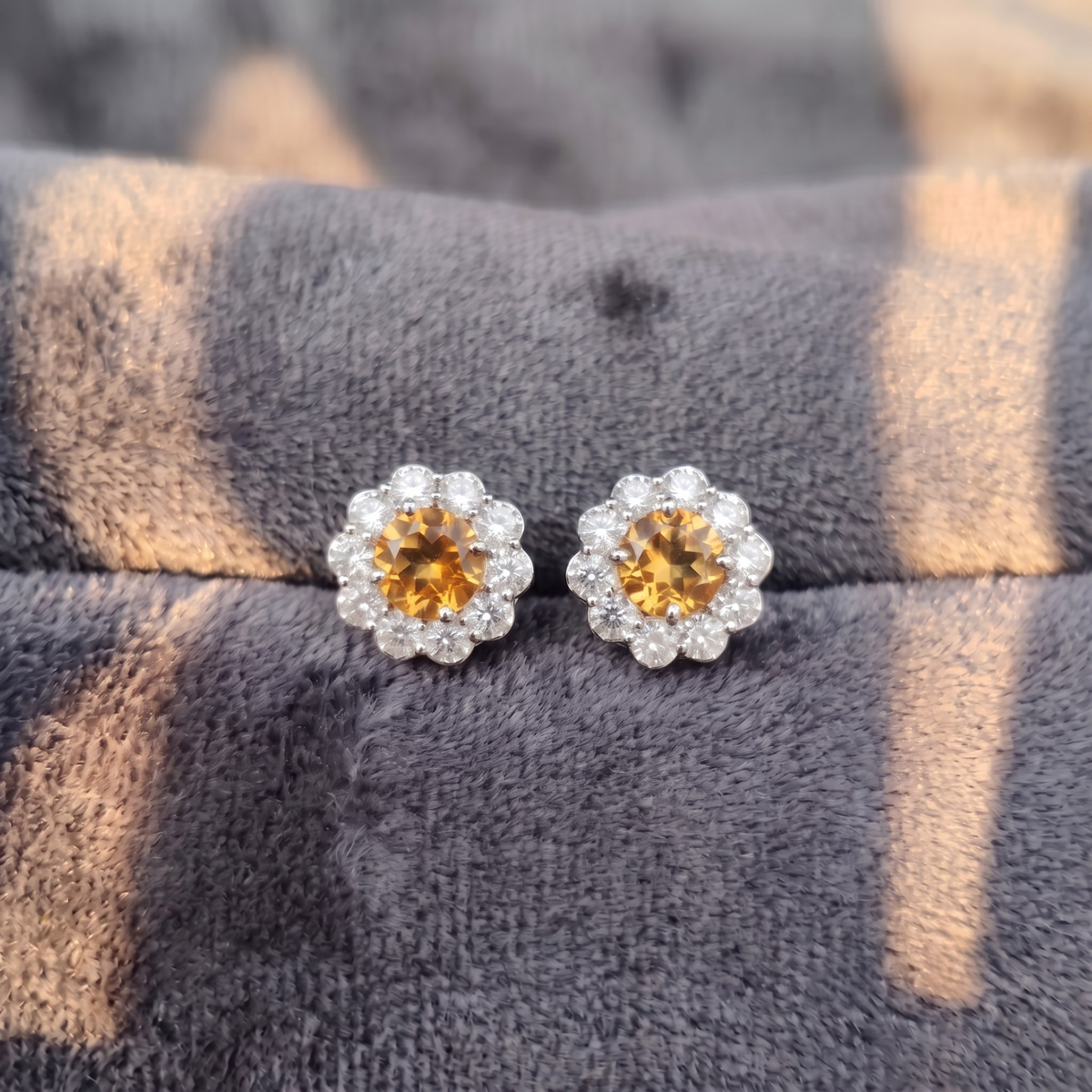 Citrine Bloom Floral Halo Stud Earrings – 925 Sterling Silver