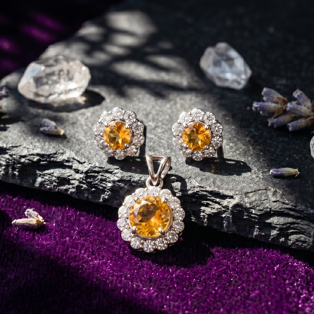 Citrine Halo Pendant Set in 925 Sterling Silver