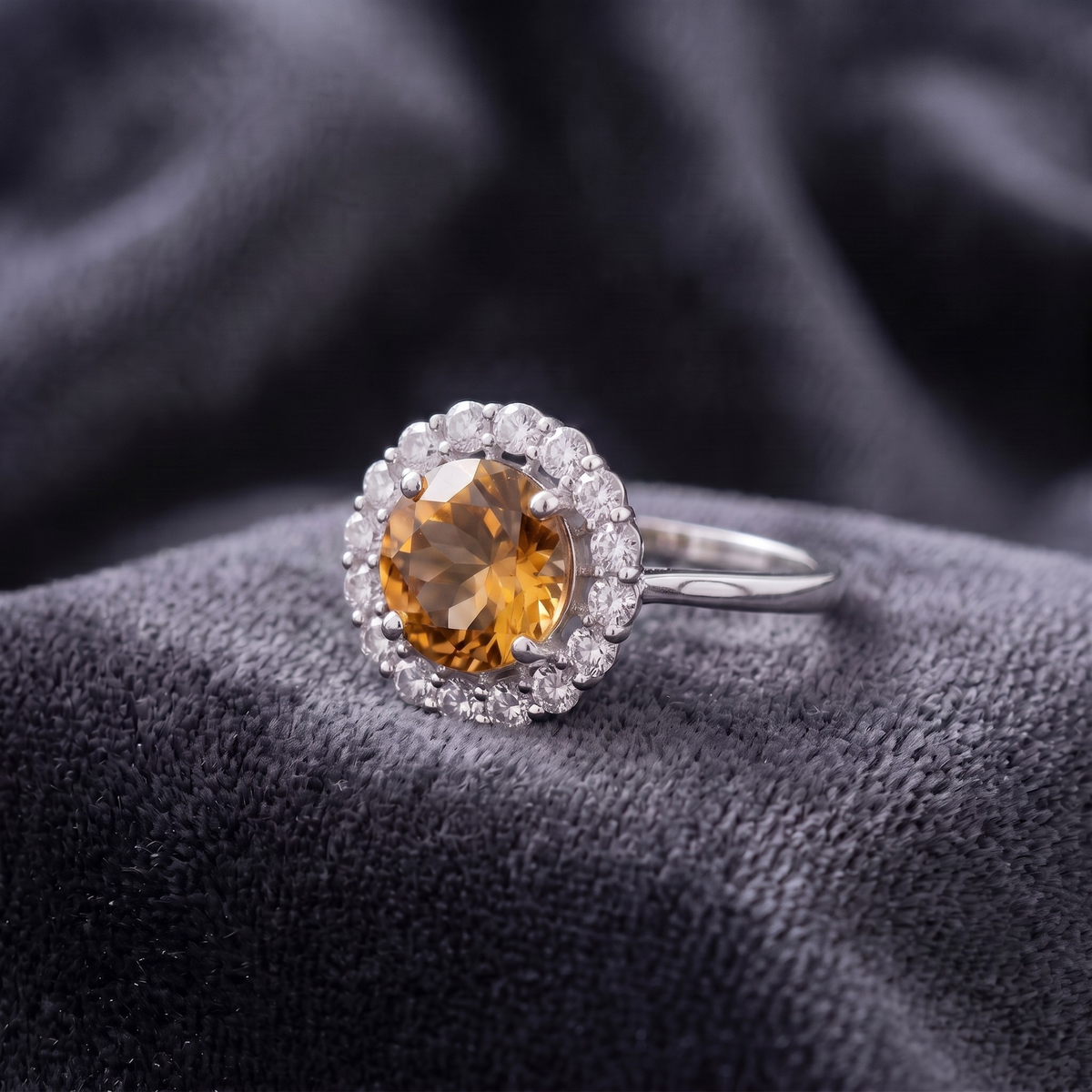 Round Cut Citrine Halo Statement Ring in 925 Sterling Silver
