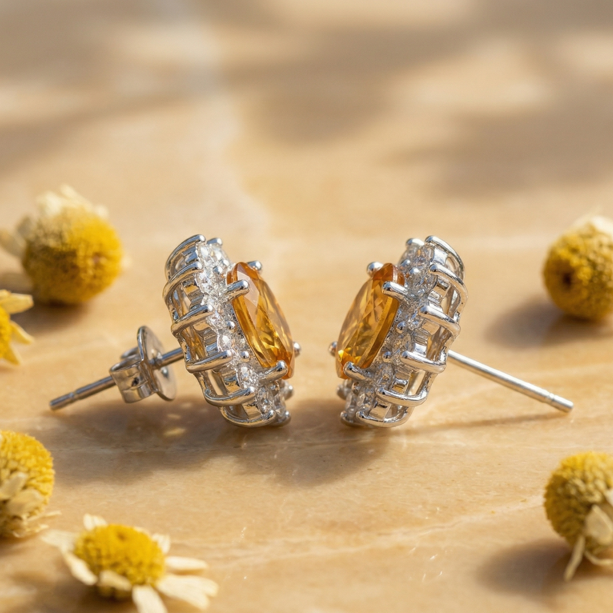 Sunlit Citrine Oval Halo Studs - 925 Sterling Silver