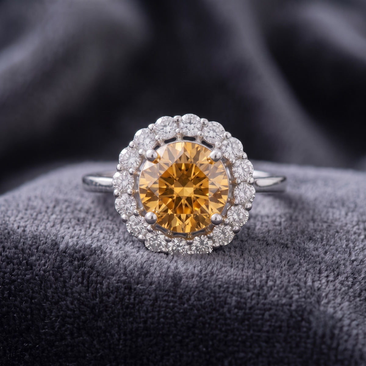 Round Cut Citrine Halo Statement Ring in 925 Sterling Silver