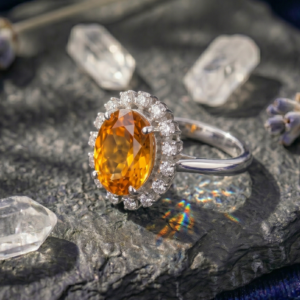 Oval Citrine Halo Ring in 925 Sterling Silver