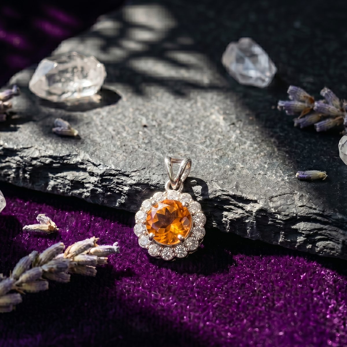 Citrine Halo Pendant Set in 925 Sterling Silver