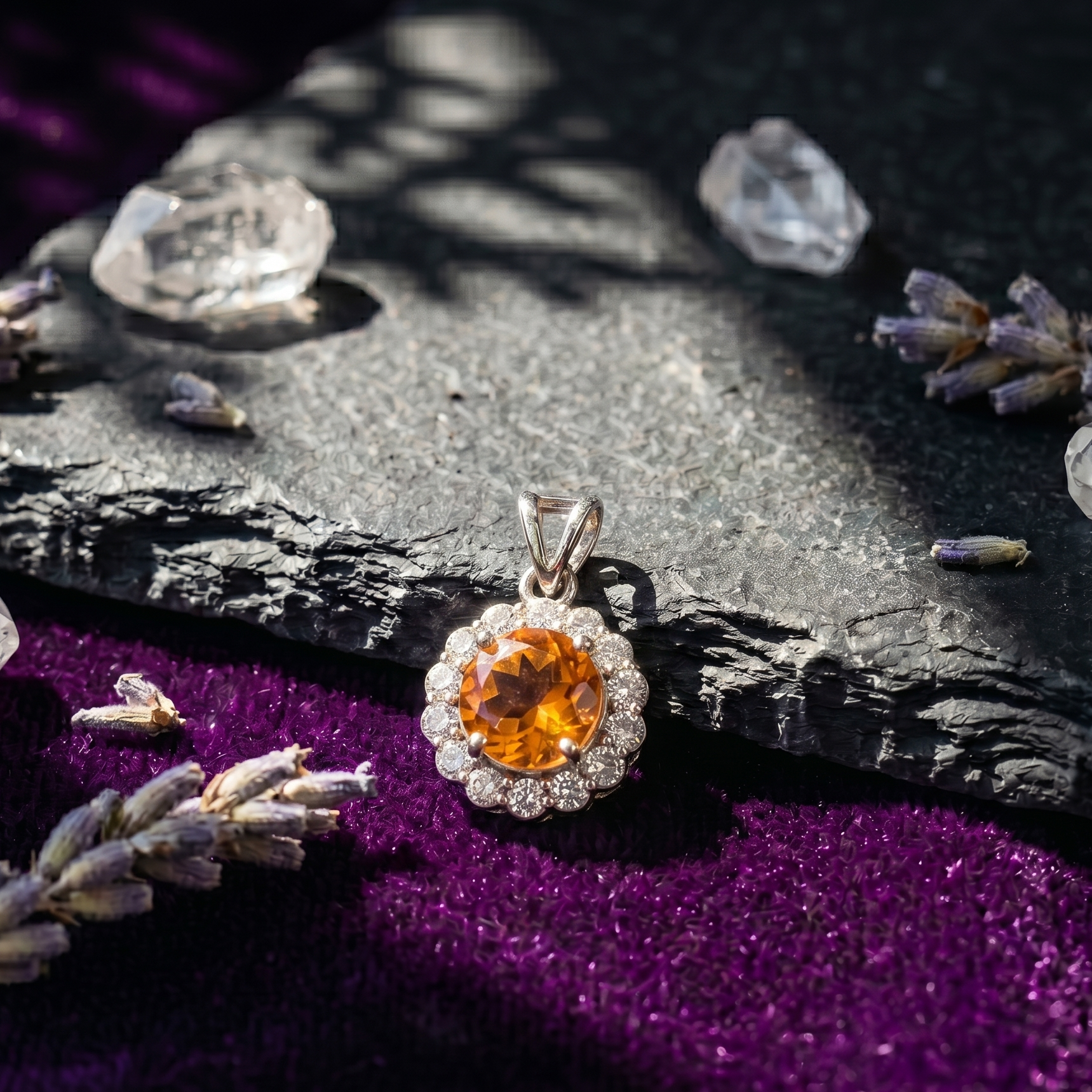 Citrine Halo Pendant Set in 925 Sterling Silver