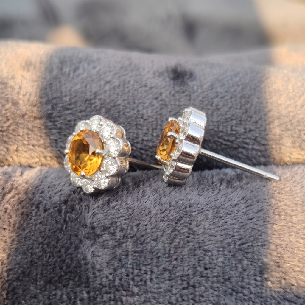 Citrine Bloom Floral Halo Stud Earrings – 925 Sterling Silver