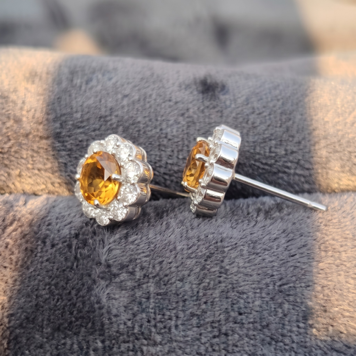 Citrine Bloom Floral Halo Stud Earrings – 925 Sterling Silver