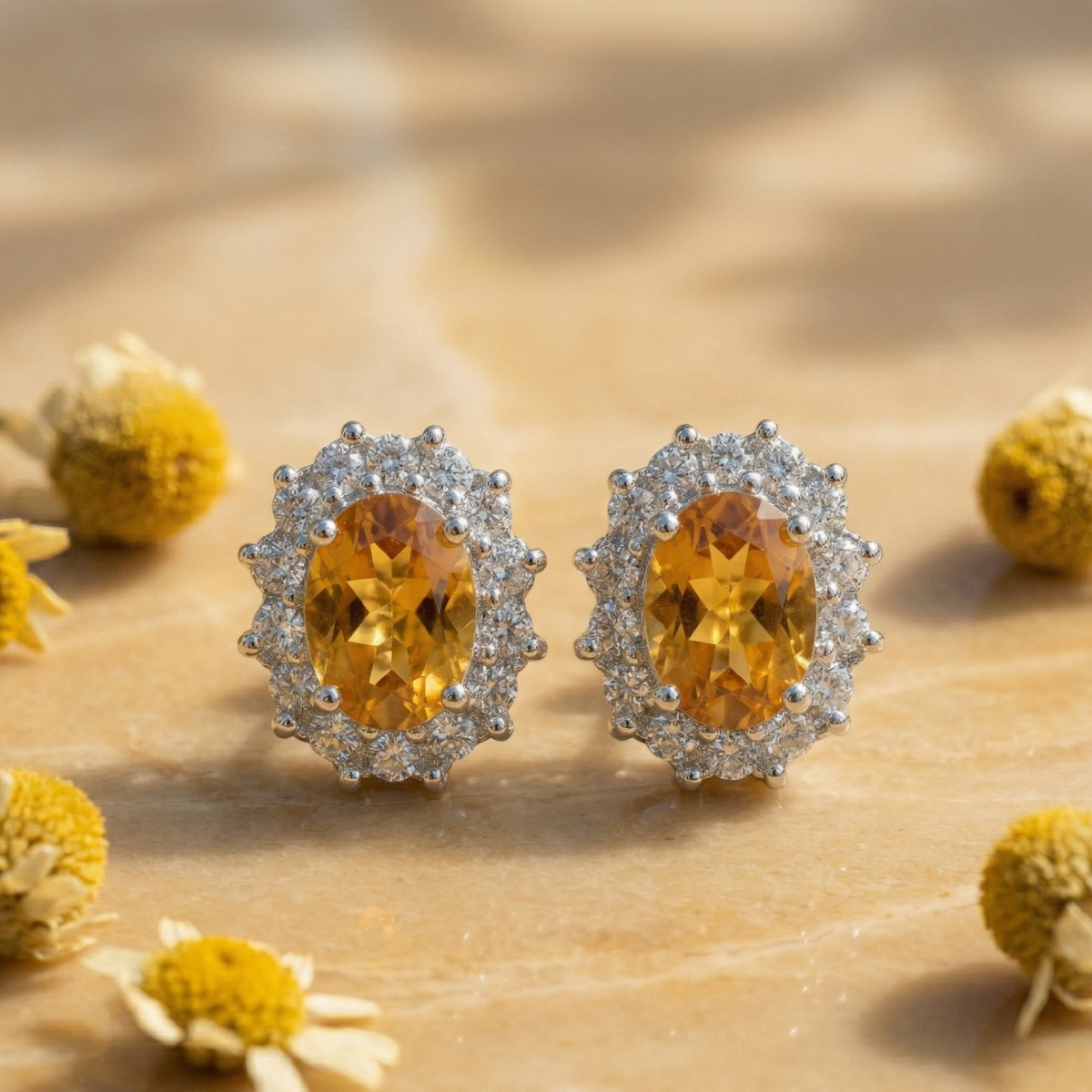 Sunlit Citrine Oval Halo Studs - 925 Sterling Silver