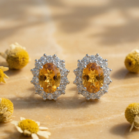 Sunlit Citrine Oval Halo Studs - 925 Sterling Silver