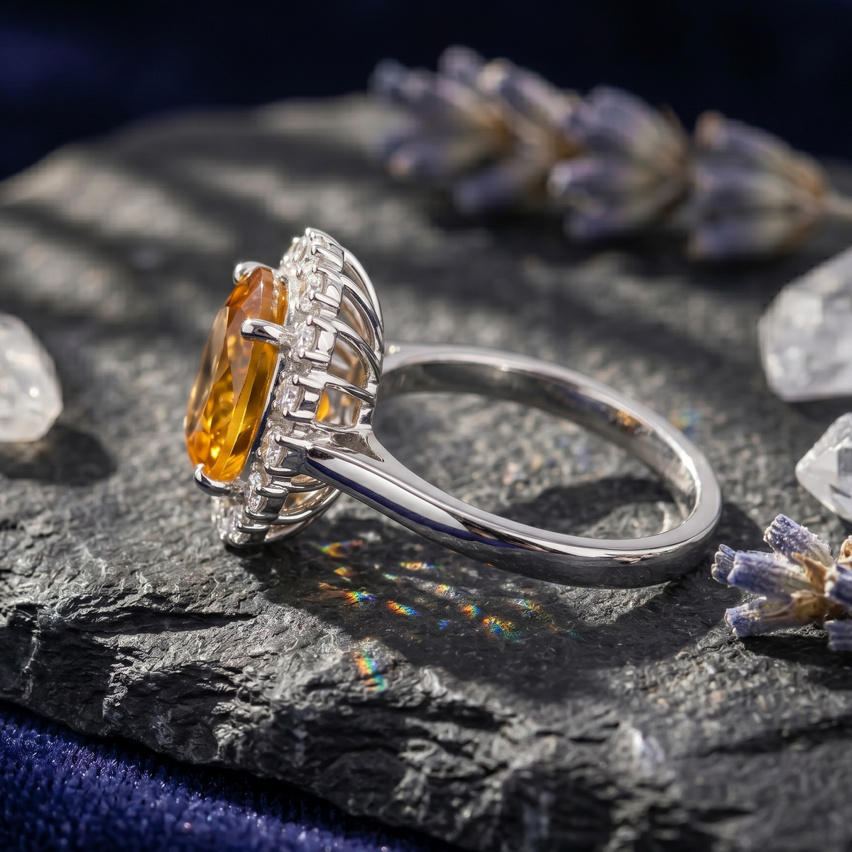 Oval Citrine Halo Ring in 925 Sterling Silver