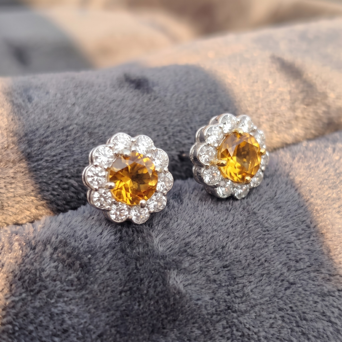 Citrine Bloom Floral Halo Stud Earrings – 925 Sterling Silver