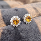 Citrine Bloom Floral Halo Stud Earrings – 925 Sterling Silver
