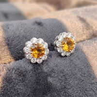Citrine Bloom Floral Halo Stud Earrings – 925 Sterling Silver