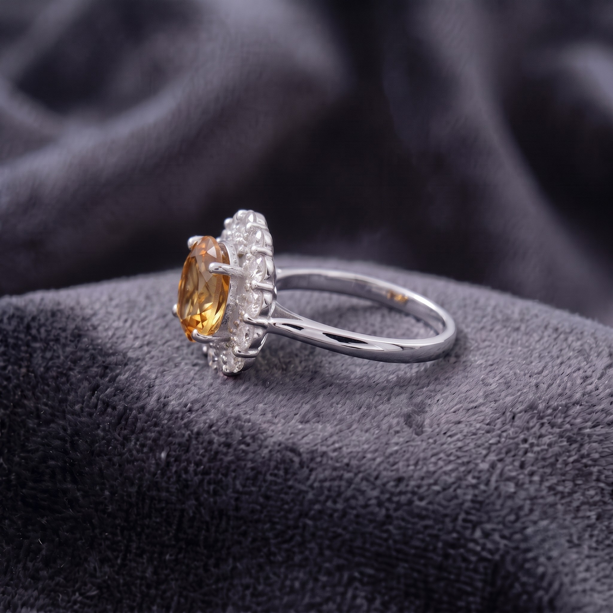Round Cut Citrine Halo Statement Ring in 925 Sterling Silver