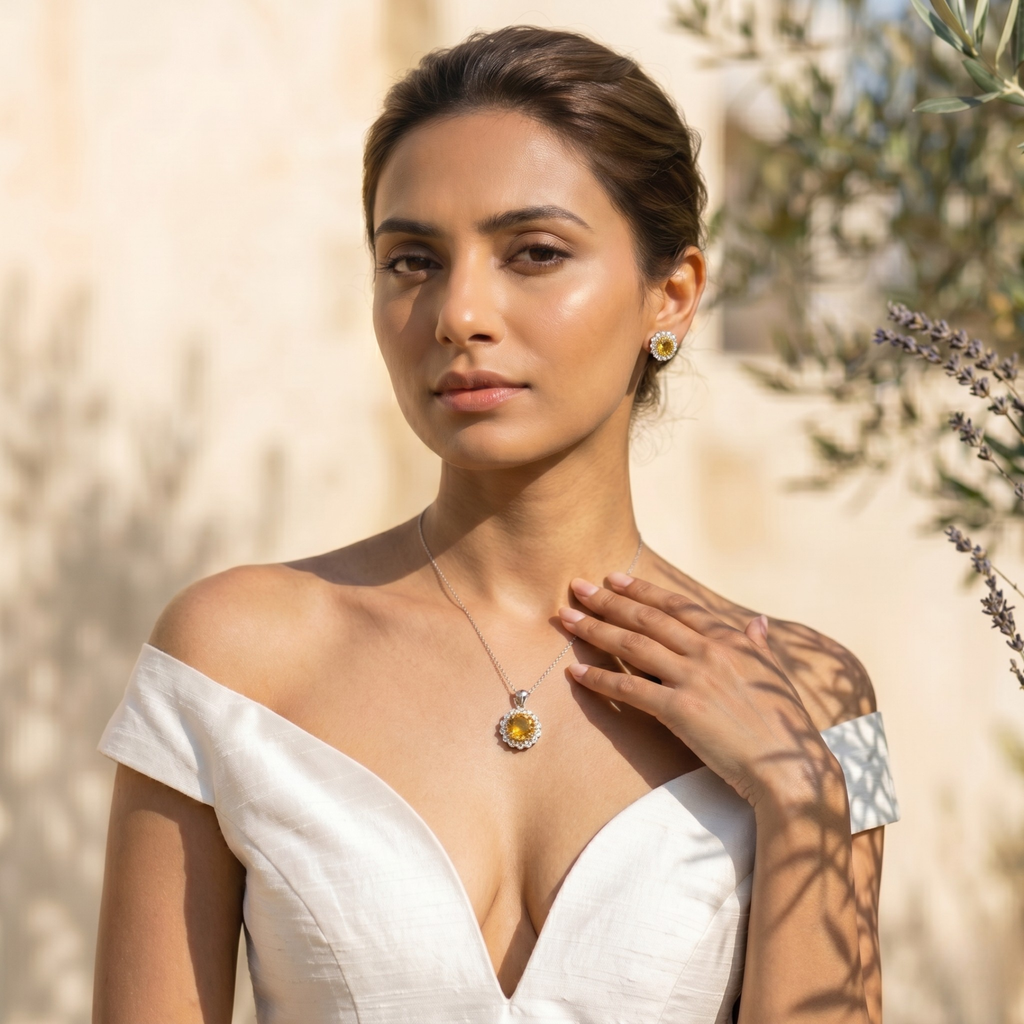 Citrine Halo Pendant Set in 925 Sterling Silver