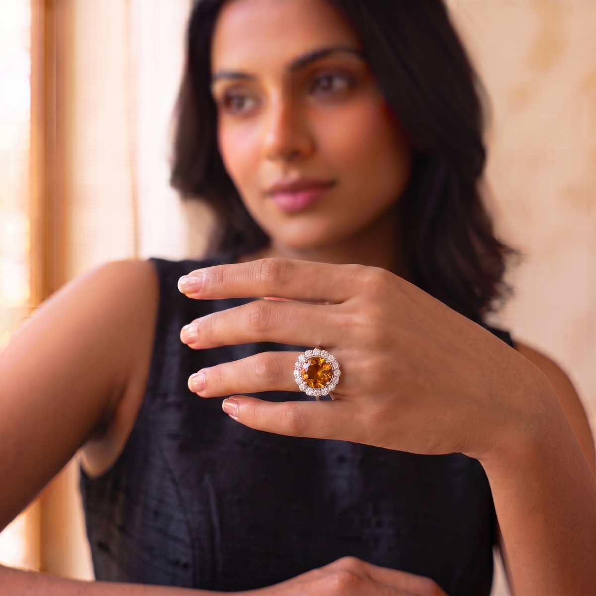 Round Cut Citrine Halo Statement Ring in 925 Sterling Silver