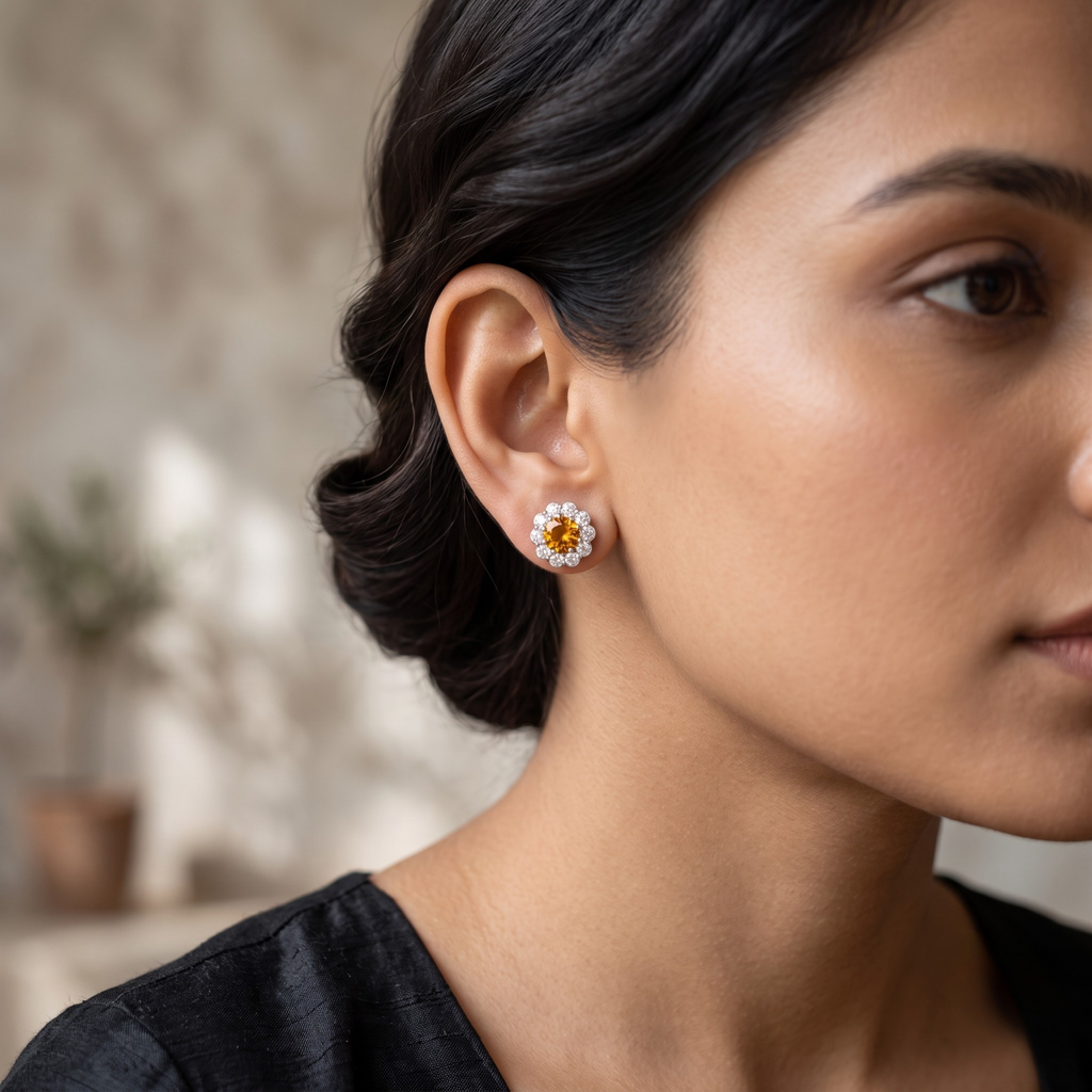 Citrine Bloom Floral Halo Stud Earrings – 925 Sterling Silver