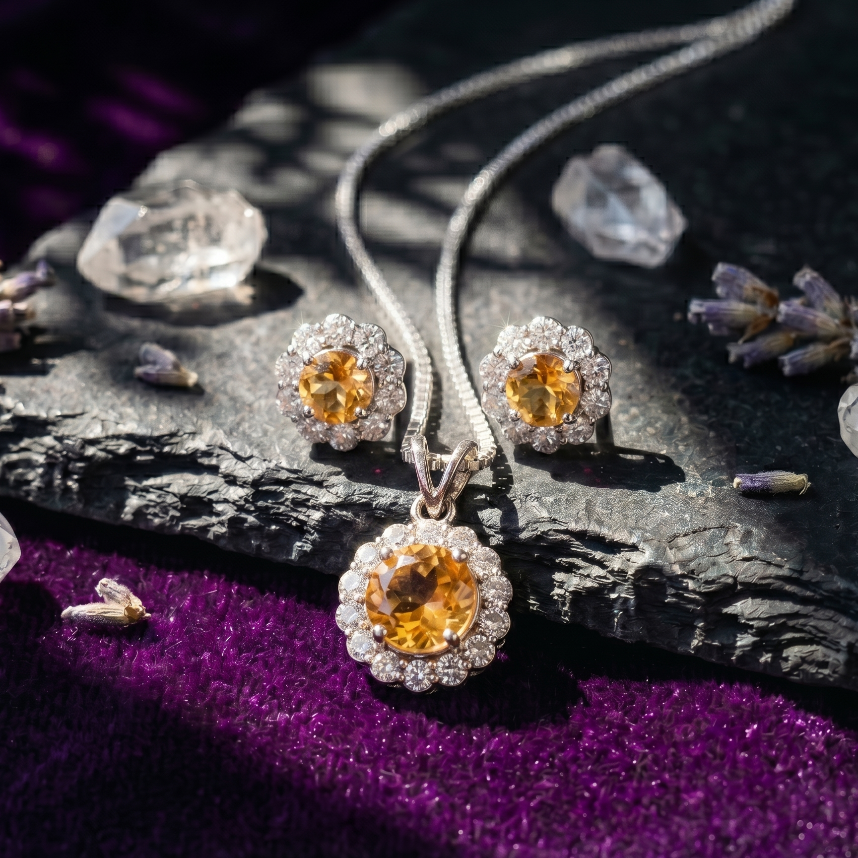 Citrine Halo Pendant Set in 925 Sterling Silver