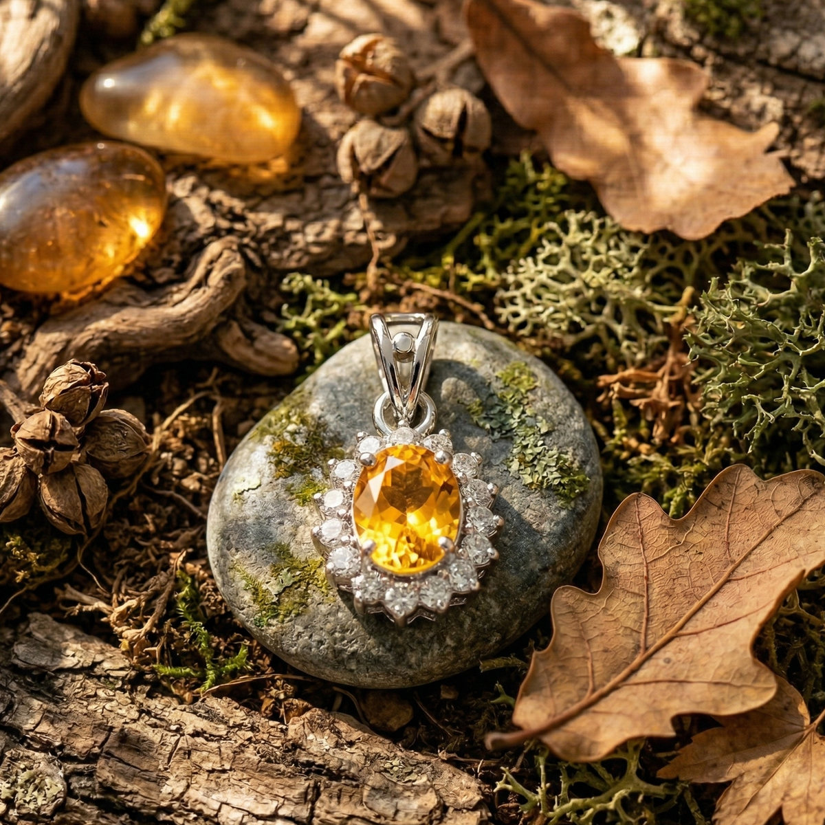 Oval Yellow Citrine Halo Pendant Set in 925 Sterling Silver