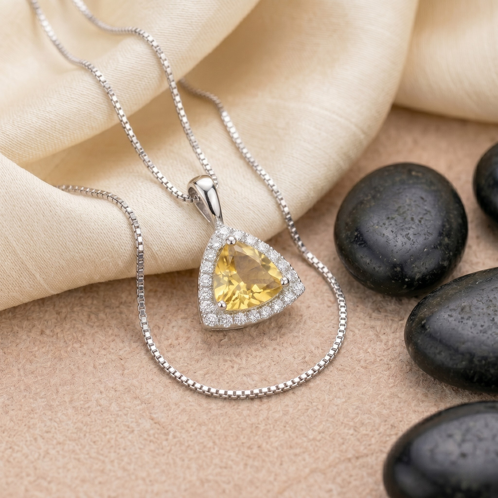 Trillion Cut Citrine Halo Pendant in 925 Sterling Silver