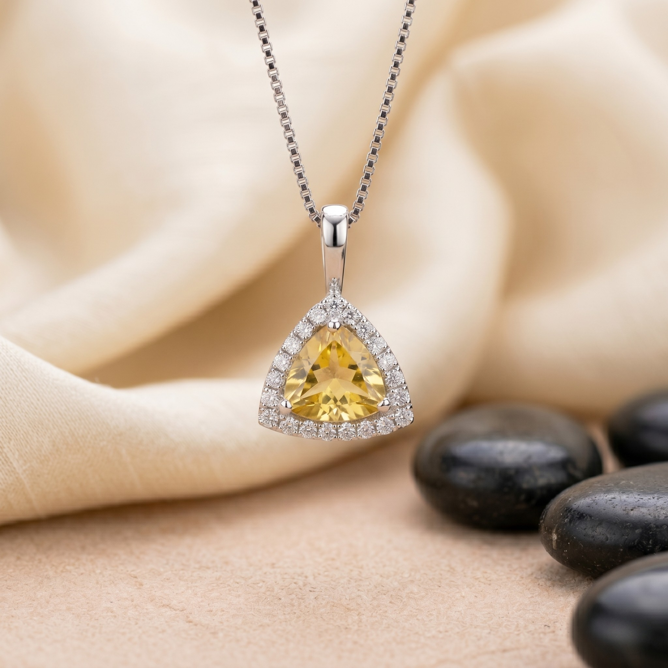 Trillion Cut Citrine Halo Pendant in 925 Sterling Silver