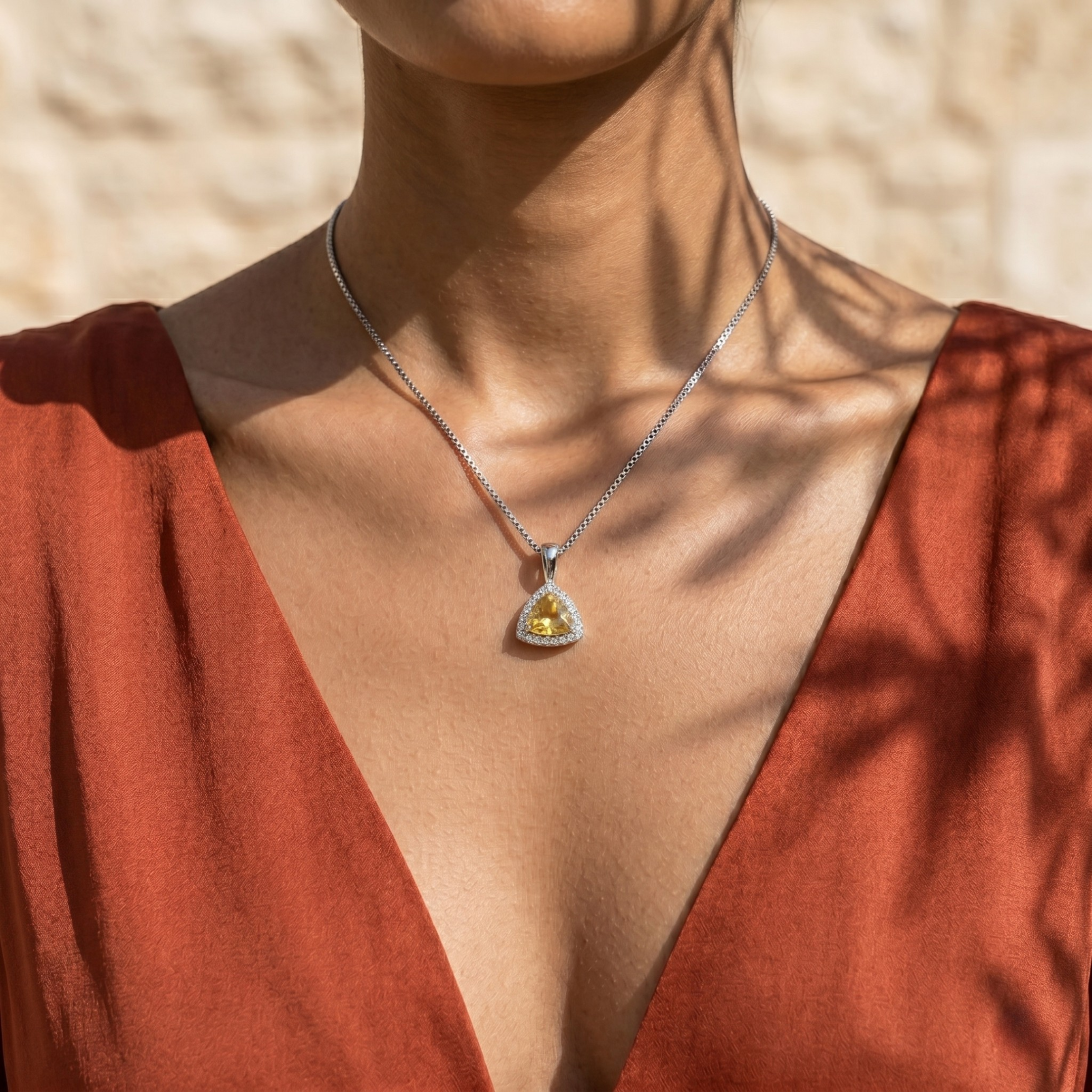 Trillion Cut Citrine Halo Pendant in 925 Sterling Silver