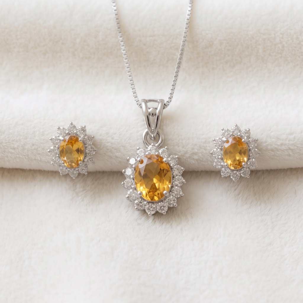 Oval Yellow Citrine Halo Pendant Set in 925 Sterling Silver